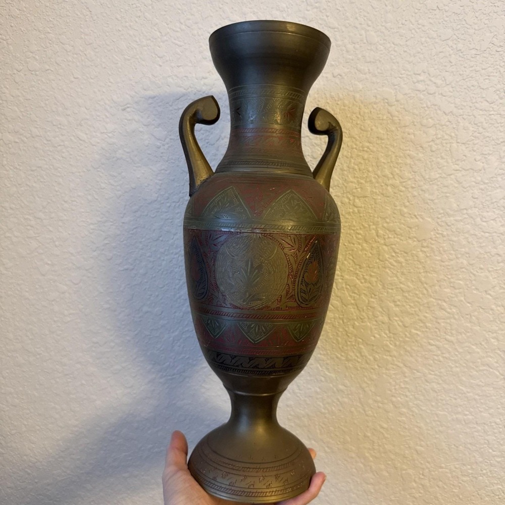 Vintage Solid Brass Vase Hand Etched Floral/Leaf Design 15.5" Made In India